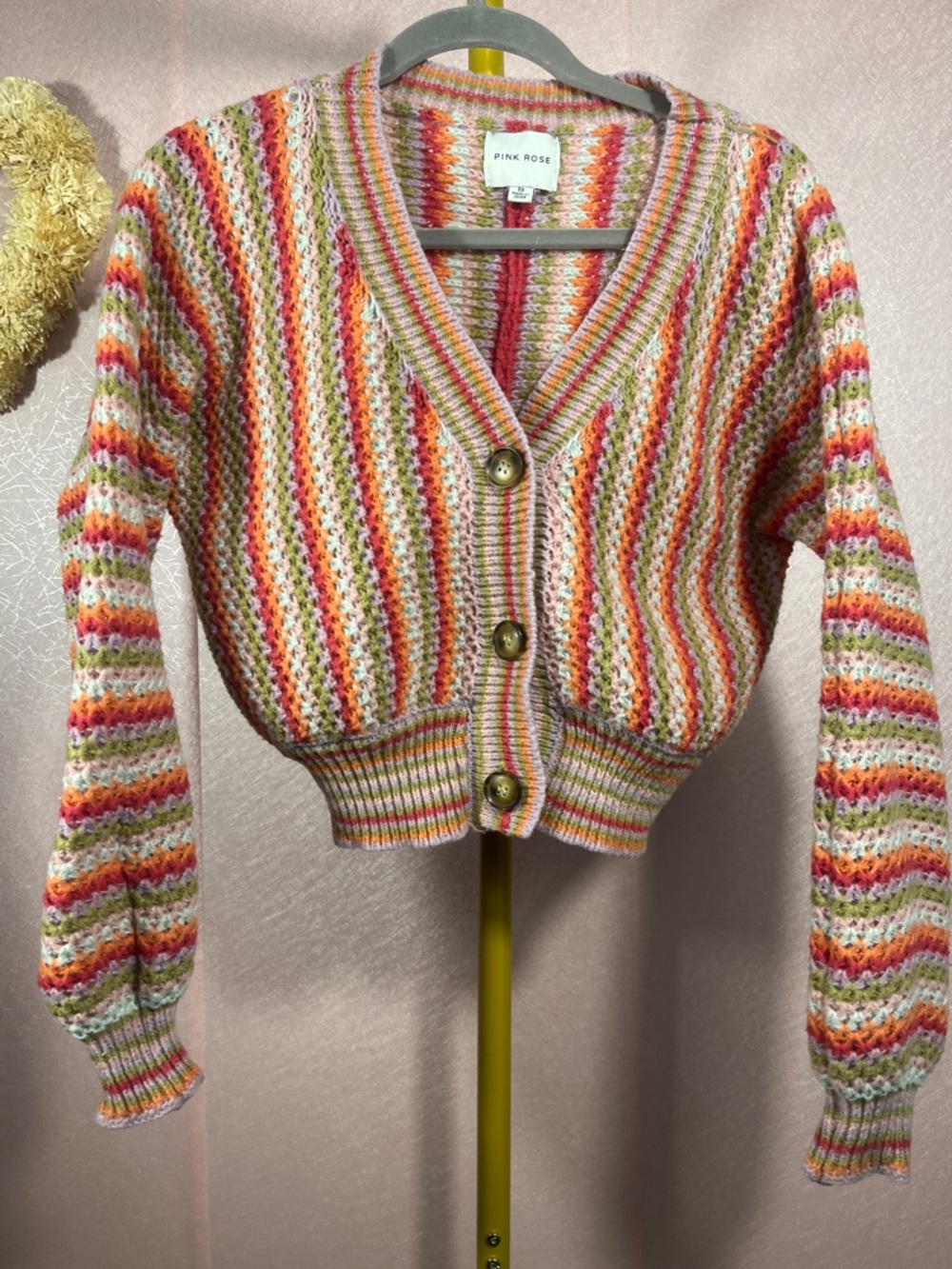 Pink Rose Cropped Multicolor Striped Button-Front Cardigan